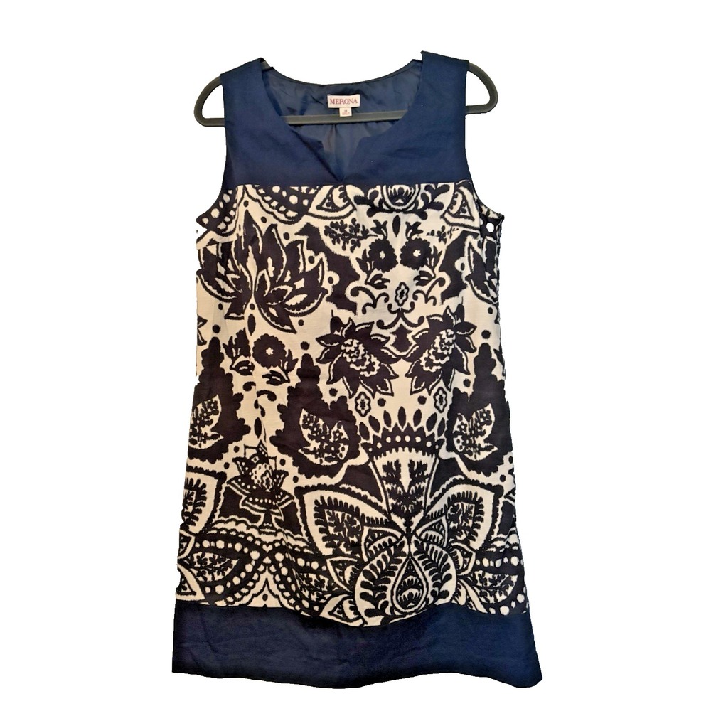 Merona Sleeveless A line dress‎ sz 14 Navy Blue Tapestry Texture Floral Design